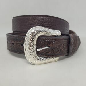 Nocona Belt Mens 42 Brown Leather Tooled Floral Western Cowboy Silver Buckle